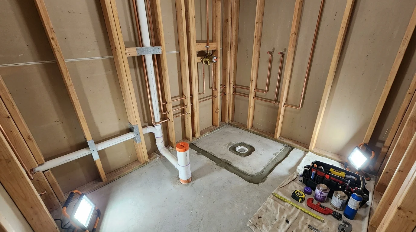 Bathroom rough-in plumbing during remodel by Johns Plumbing LLC in Hawarden
