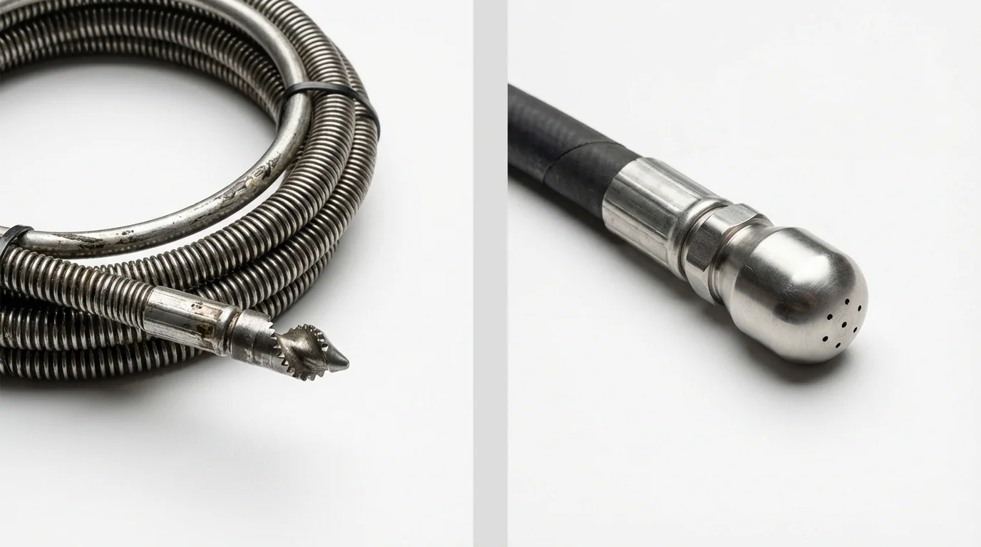 Drain snake cable and hydro jetting nozzle used for drain cleaning in Hawarden, IA
