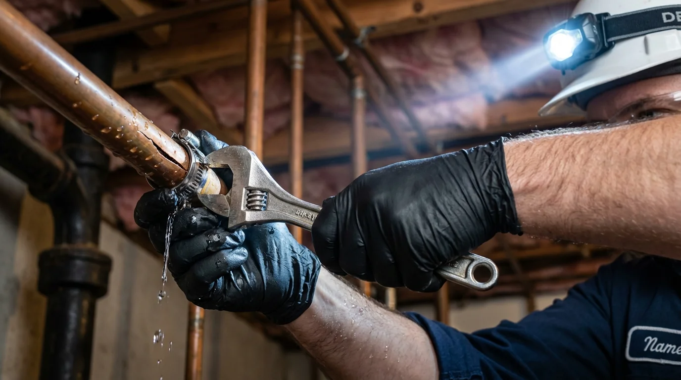 Emergency pipe clamp repair being performed by a Johns Plumbing LLC plumber in Hawarden