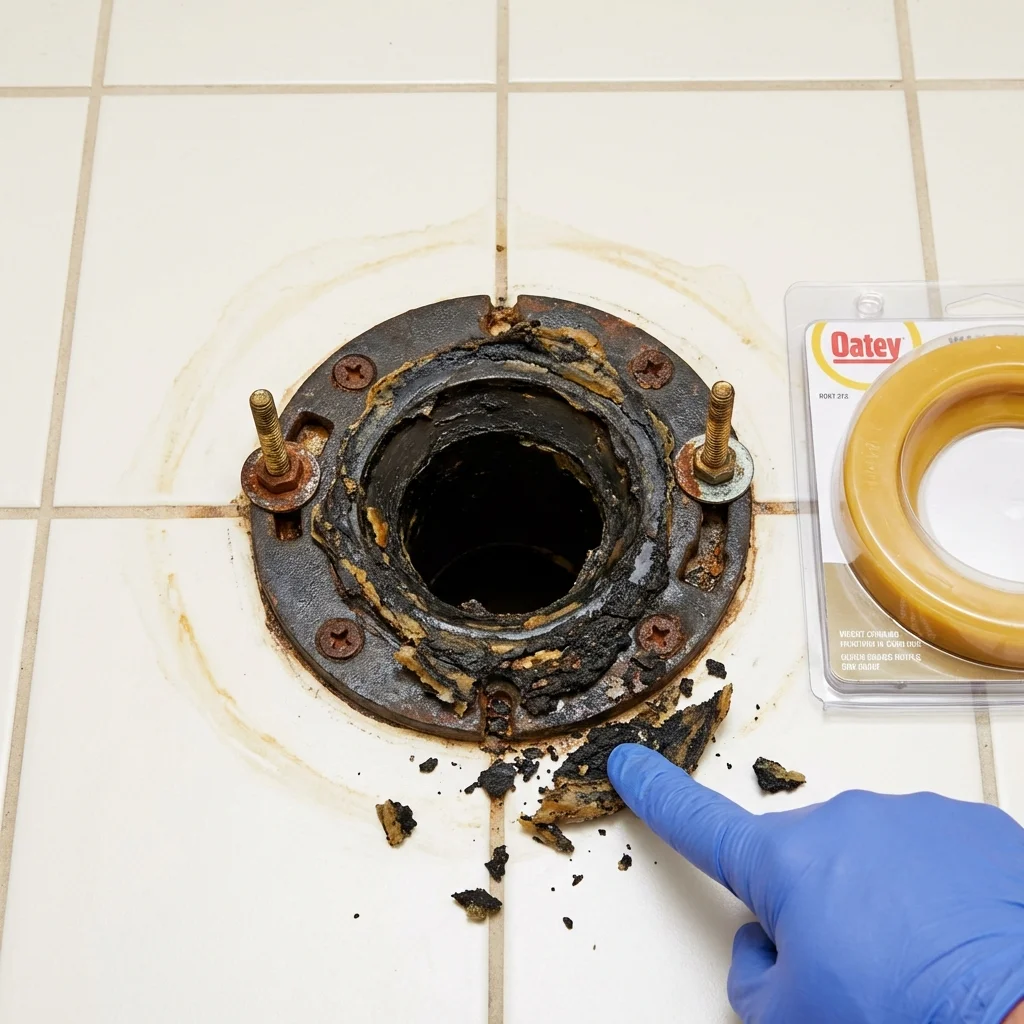 Failed wax ring showing water seepage at the base of a toilet in a Hawarden, IA home