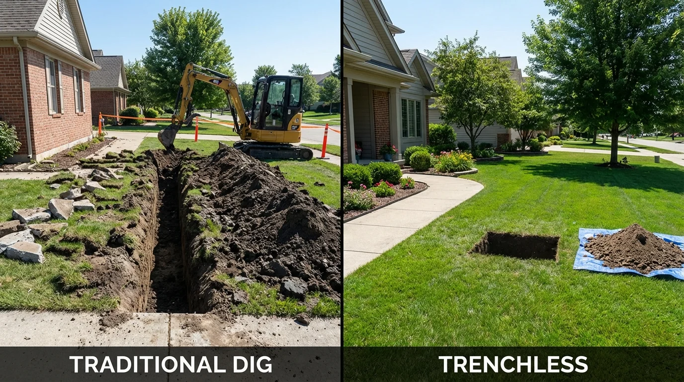 Trenchless sewer repair with minimal yard damage versus traditional excavation in Hawarden, IA