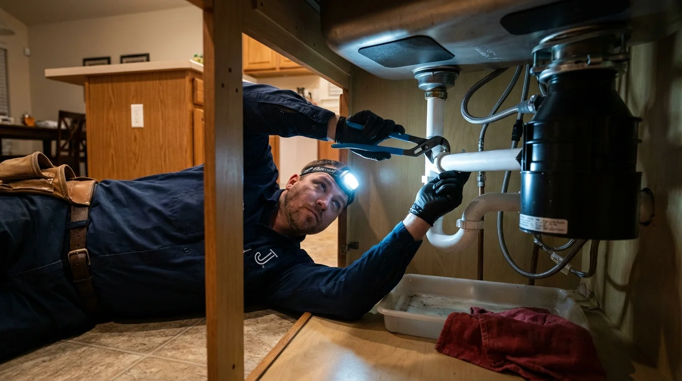 P-trap and supply line connections under a kitchen sink showing a common leak point in Hawarden, IA